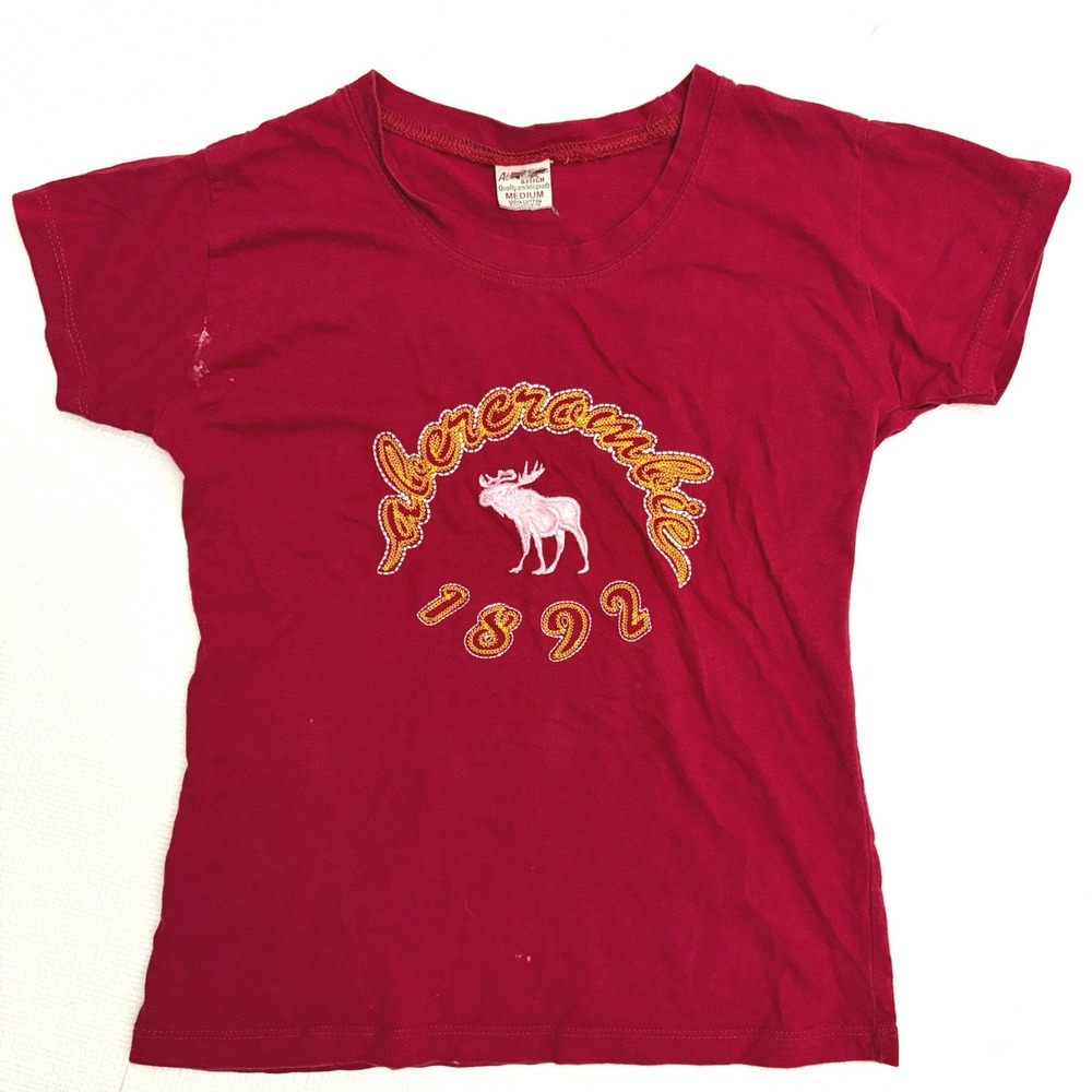 y2k Abercrombie & Fitch T-Shirt Vintage Embroidered Moose Logo Medium Red